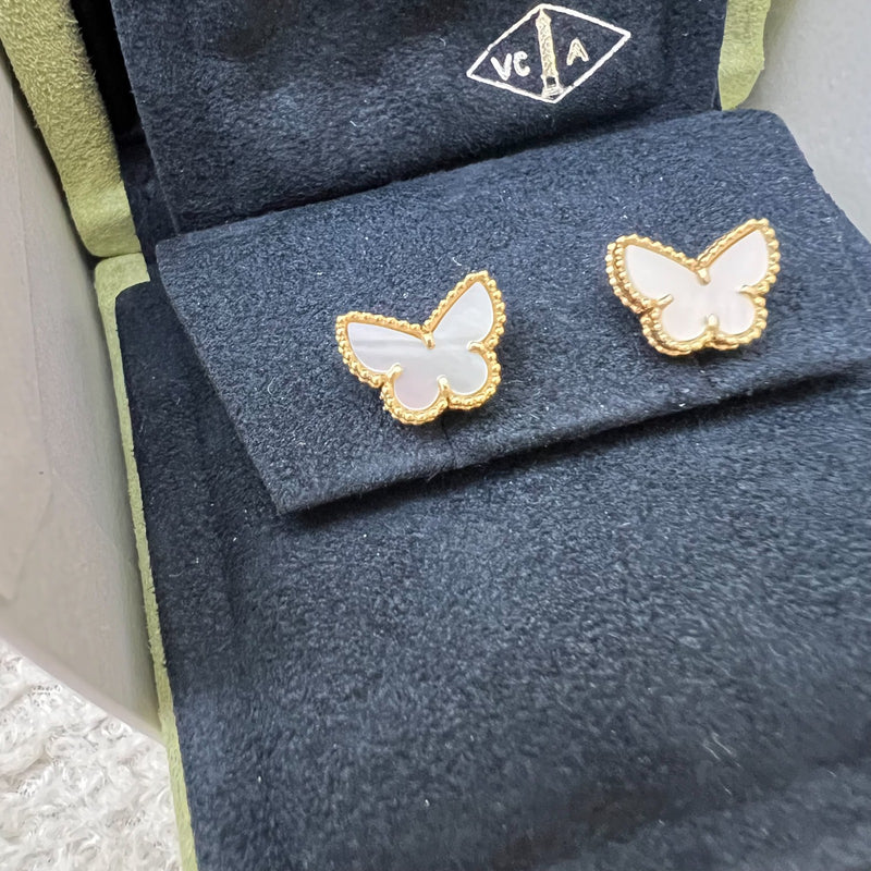 Van Cleef & Arpels VCA Sweet Alhambra Butterfly Ear Studs with Mother of Pearl MOP in 18K Yellow Gold (Ref: VCARN5JM00)