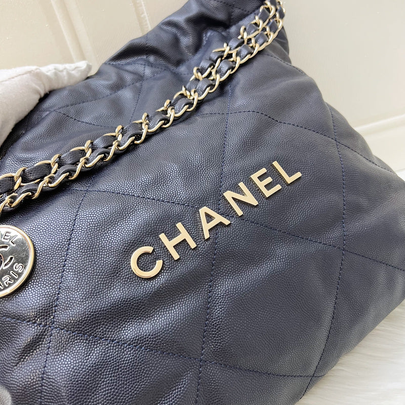 Chanel 22 Small Hobo Handbag in Navy Shiny Caviar and LGHW (Model: AS3260)