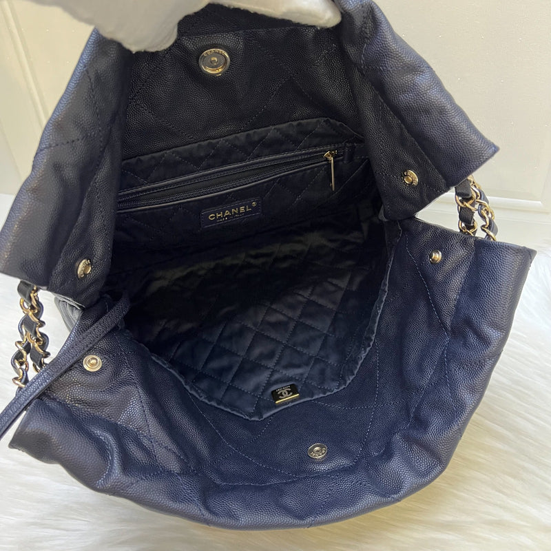Chanel 22 Small Hobo Handbag in Navy Shiny Caviar and LGHW (Model: AS3260)
