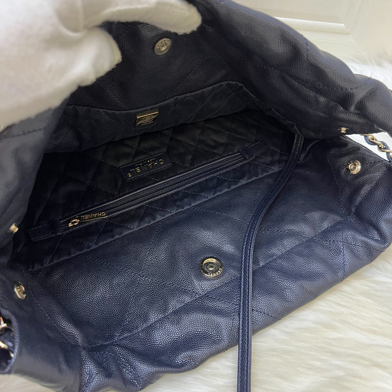 Chanel 22 Small Hobo Handbag in Navy Shiny Caviar and LGHW (Model: AS3260)