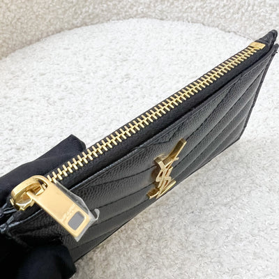 Saint Laurent YSL Zipped Card Holder / Coin Purse in Black Grained Leather and GHW