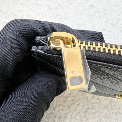 Saint Laurent YSL Zipped Card Holder / Coin Purse in Black Grained Leather and GHW