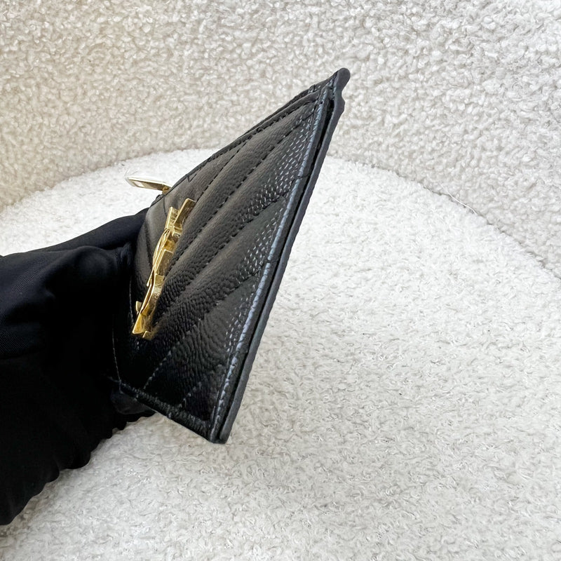 Saint Laurent YSL Zipped Card Holder / Coin Purse in Black Grained Leather and GHW