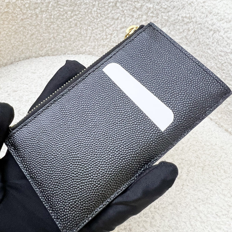 Saint Laurent YSL Zipped Card Holder / Coin Purse in Black Grained Leather and GHW