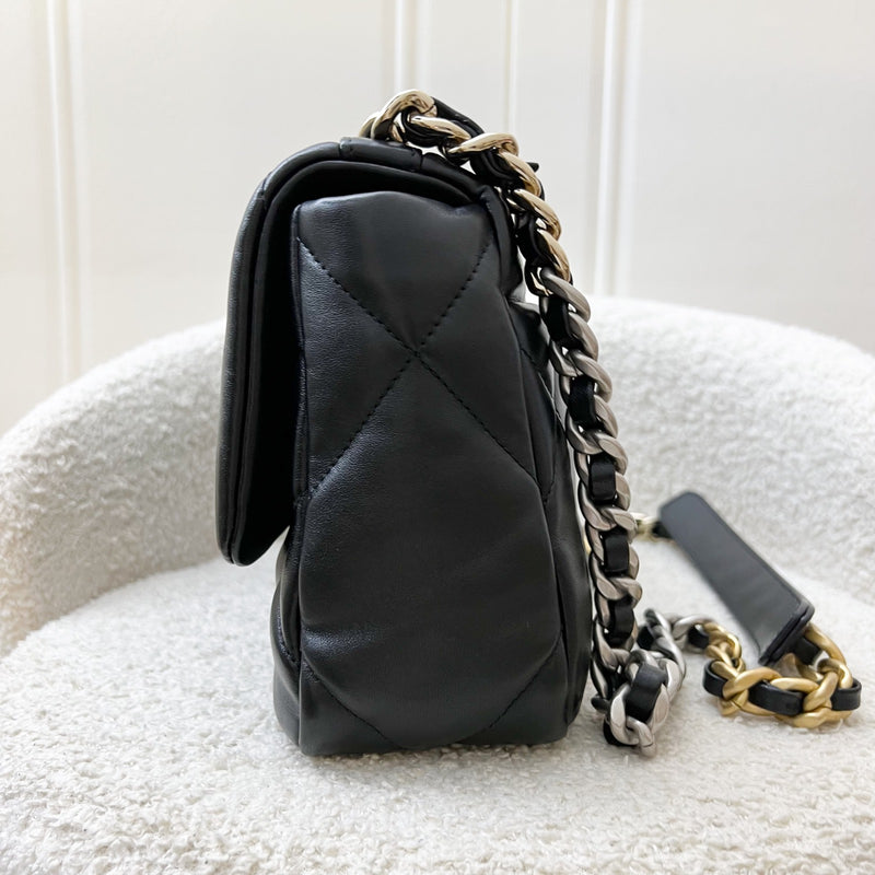 Chanel 19 Small Flap in Black Lambskin and 3-tone Hardware, Silver Turnlock (Model: AS1160)