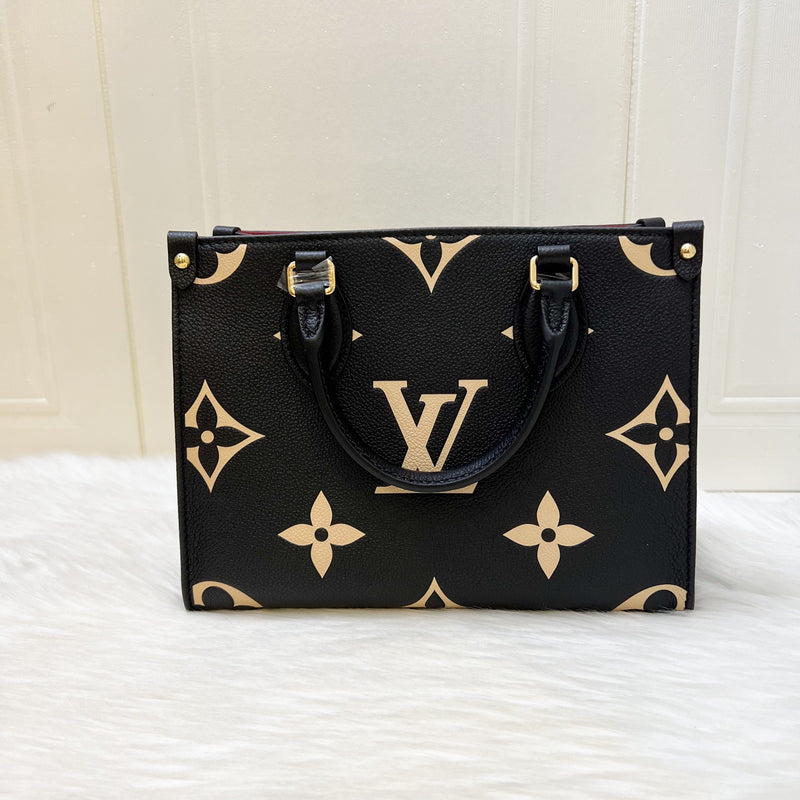 LV Onthego PM Tote in Bicolor Black and Beige Giant Monogram Empreinte Leather and GHW (Model: M45659)