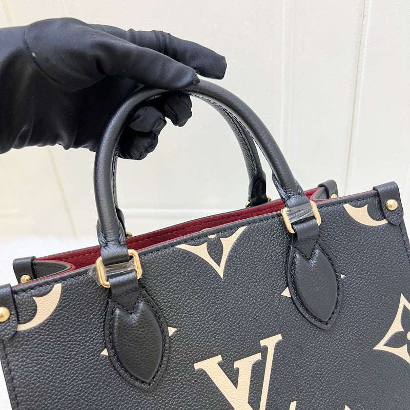LV Onthego PM Tote in Bicolor Black and Beige Giant Monogram Empreinte Leather and GHW (Model: M45659)