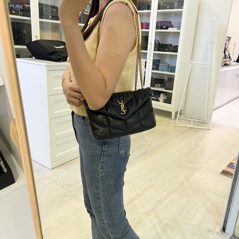 Saint Laurent YSL Toy Puffer Shoulder Bag in Black Lambskin and GHW