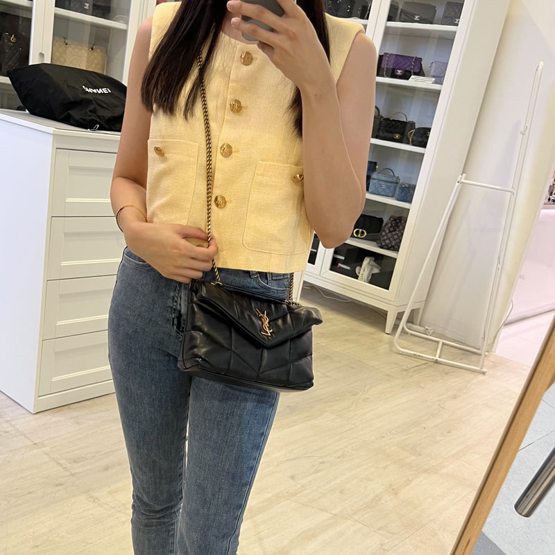 Saint Laurent YSL Toy Puffer Shoulder Bag in Black Lambskin and GHW