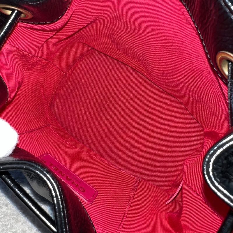 Chanel Mini Drawstring Bucket Bag in Glossy Distressed Black Calfskin and AGHW