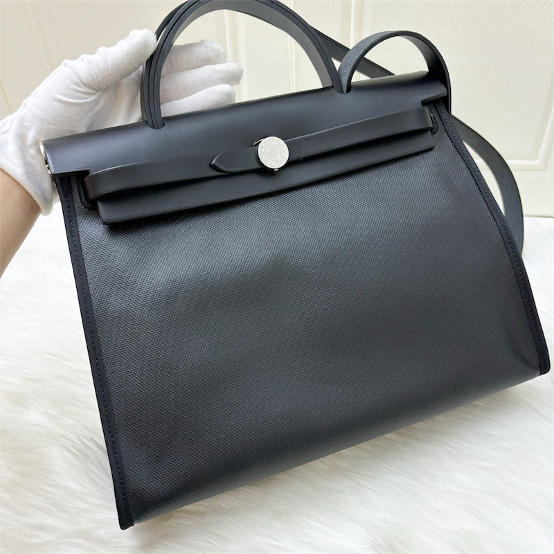 Hermes Herbag Zip 31 Sellier in Black (Ecru-Noir) Canvas, Black Leather and PHW