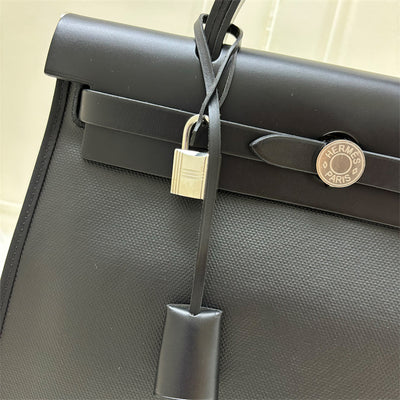 Hermes Herbag Zip 31 Sellier in Black (Ecru-Noir) Canvas, Black Leather and PHW