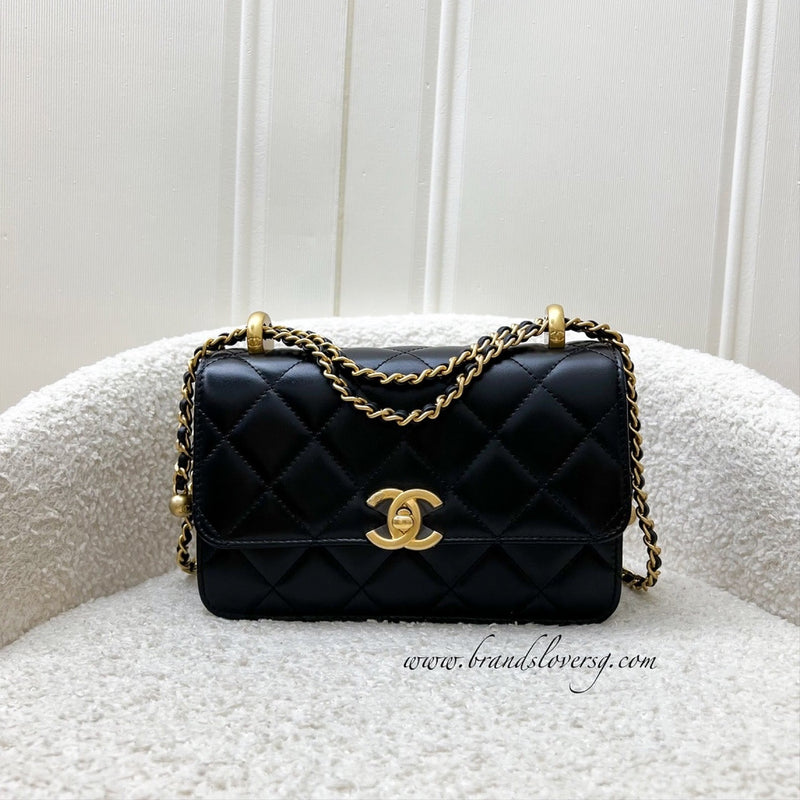 Chanel 24C Seasonal Double Chain Flap in Black Shiny Calfskin and AGHW (Model: AS2615)