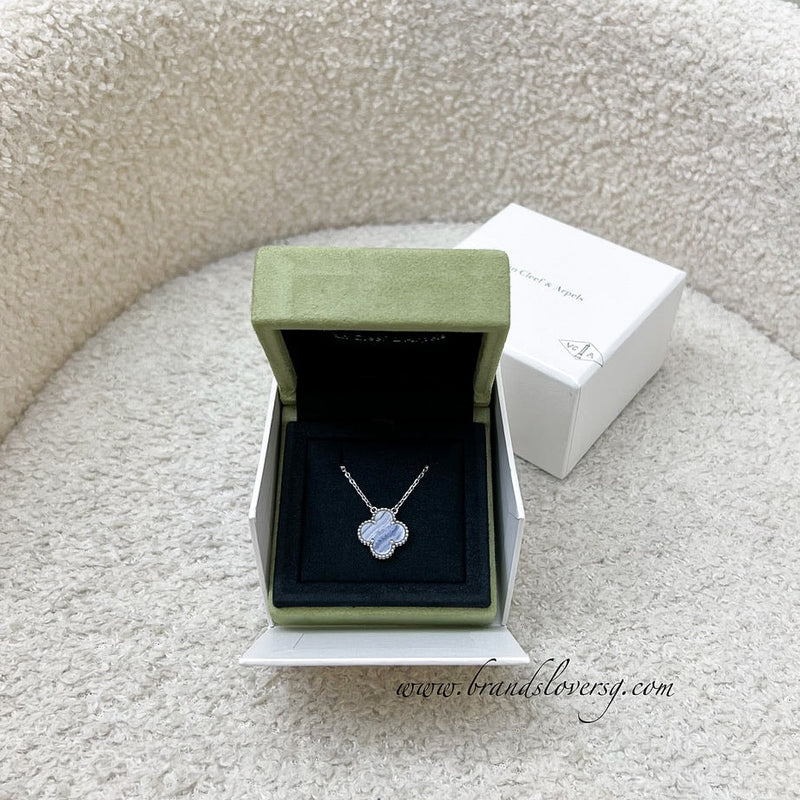 [Kept Unused] Van Cleef & Arpels VCA Vintage Alhambra Pendant Necklace with Chalcedony Stone in 18K White Gold (Ref: VCARD34900)