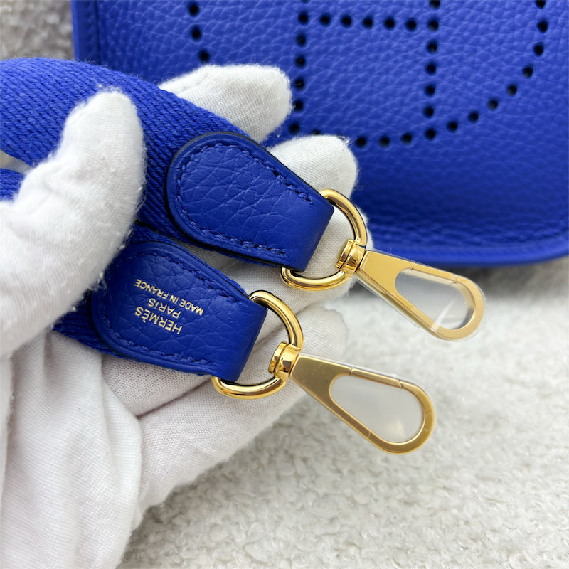 Hermes Mini Evelyne 16 in Bleu Royal Clemence Leather, Canvas Strap and GHW