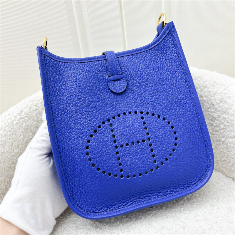 Hermes Mini Evelyne 16 in Bleu Royal Clemence Leather, Canvas Strap and GHW