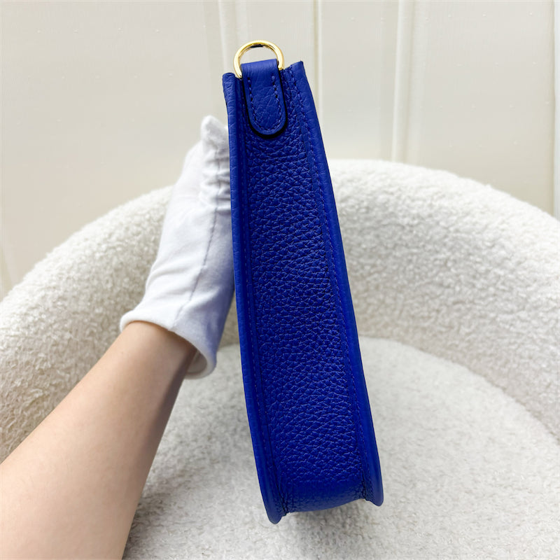 Hermes Mini Evelyne 16 in Bleu Royal Clemence Leather, Canvas Strap and GHW