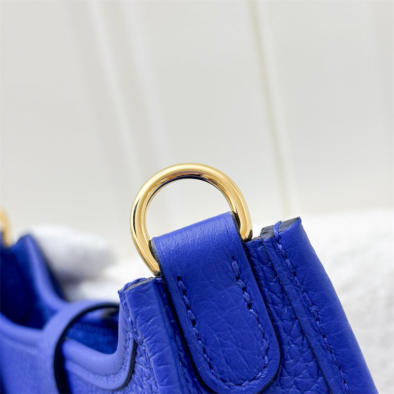 Hermes Mini Evelyne 16 in Bleu Royal Clemence Leather, Canvas Strap and GHW