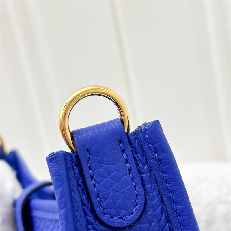 Hermes Mini Evelyne 16 in Bleu Royal Clemence Leather, Canvas Strap and GHW