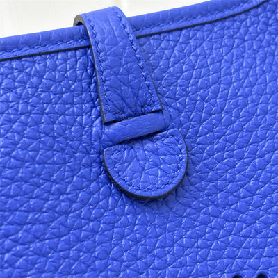 Hermes Mini Evelyne 16 in Bleu Royal Clemence Leather, Canvas Strap and GHW