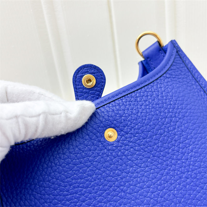 Hermes Mini Evelyne 16 in Bleu Royal Clemence Leather, Canvas Strap and GHW