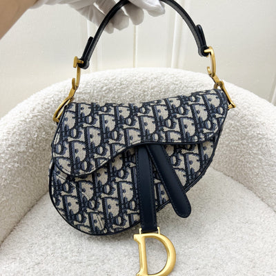 Dior Mini Saddle Bag In Navy Oblique Canvas AGHW (Newer Version with Strap)