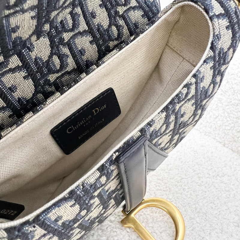 Dior Mini Saddle Bag In Navy Oblique Canvas AGHW (Newer Version with Strap)