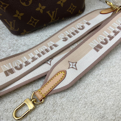 LV Neverfull BB in Monogram Canvas and Beige Patterned Strap
