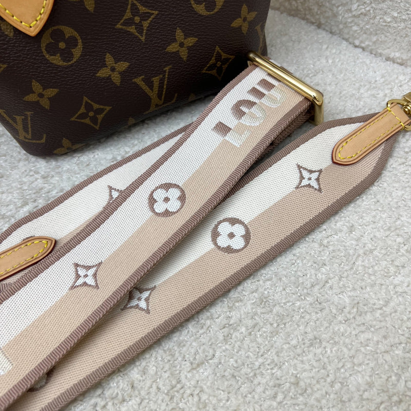 LV Neverfull BB in Monogram Canvas and Beige Patterned Strap