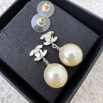 Chanel Mini CC Logo Dangling Earrings with Crystals and Pearl in SHW