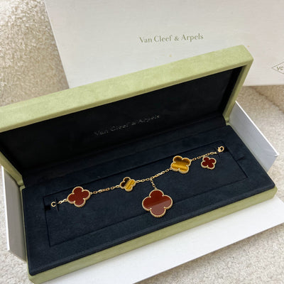 Van Cleef & Arpels VCA Magic Alhambra 5 Motifs Bracelet with Tiger Eye and Carnelian and 18K GHW (10 extra links)(Ref: VCARN5JQ00)