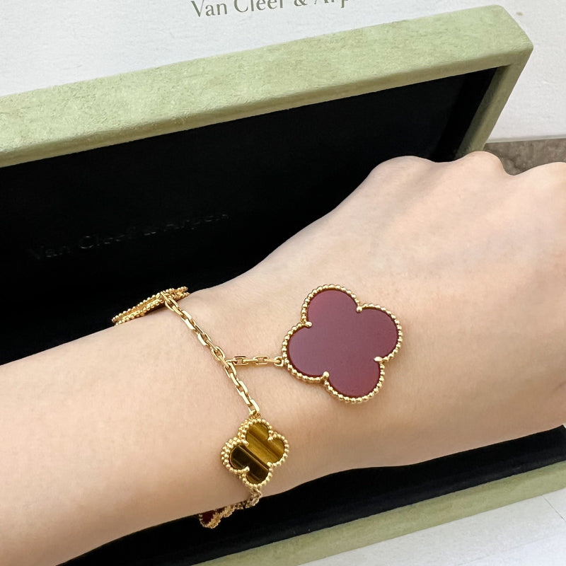 Van Cleef & Arpels VCA Magic Alhambra 5 Motifs Bracelet with Tiger Eye and Carnelian and 18K GHW (10 extra links)(Ref: VCARN5JQ00)