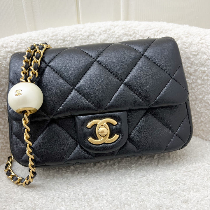 Chanel 24S Adjustable Pearls Chain Mini Flap in Black Lambskin and
