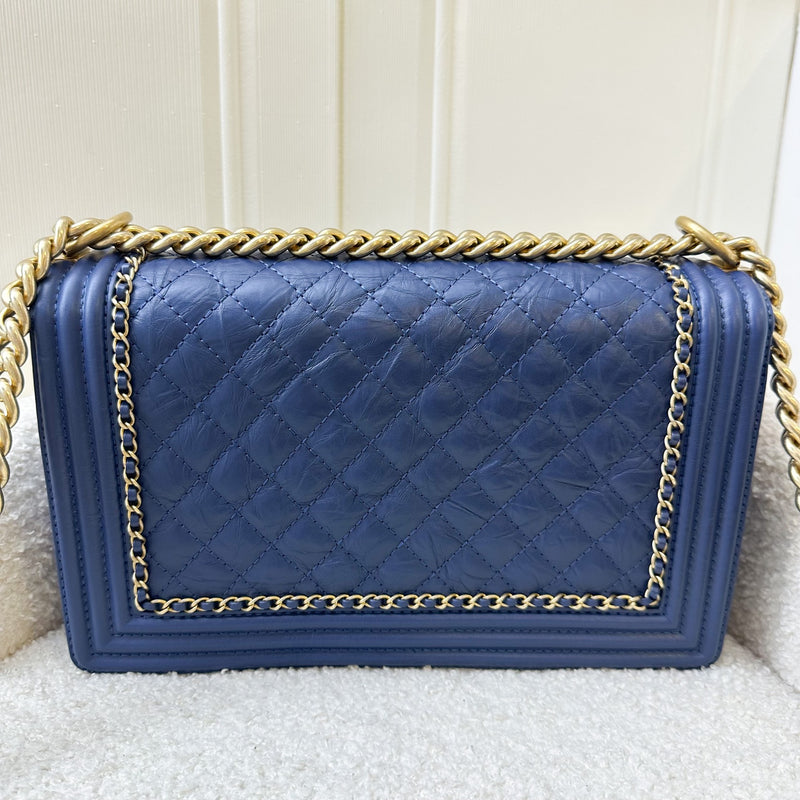 Chanel 16K Medium / Large 28cm Seasonal Boy in Blue Aged / Distressed Calfskin and AGHW