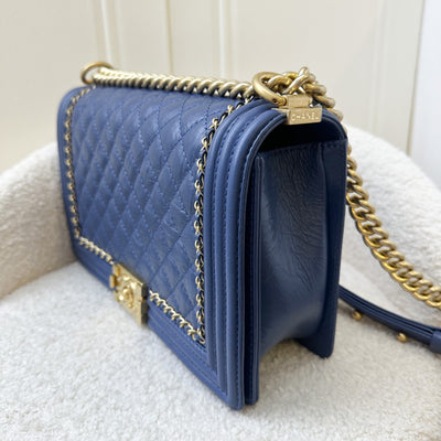 Chanel 16K Medium / Large 28cm Seasonal Boy in Blue Aged / Distressed Calfskin and AGHW