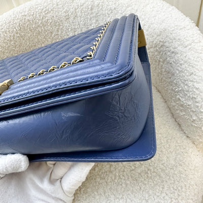 Chanel 16K Medium / Large 28cm Seasonal Boy in Blue Aged / Distressed Calfskin and AGHW