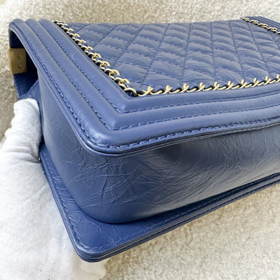 Chanel 16K Medium / Large 28cm Seasonal Boy in Blue Aged / Distressed Calfskin and AGHW