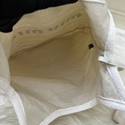 Miu Miu Ivy Tote Bag in Beige and White Woven Fabric Linen (Model: 5BG231)