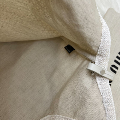 Miu Miu Ivy Tote Bag in Beige and White Woven Fabric Linen (Model: 5BG231)