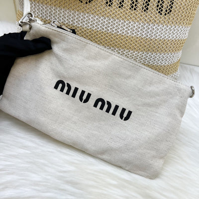 Miu Miu Ivy Tote Bag in Beige and White Woven Fabric Linen (Model: 5BG231)