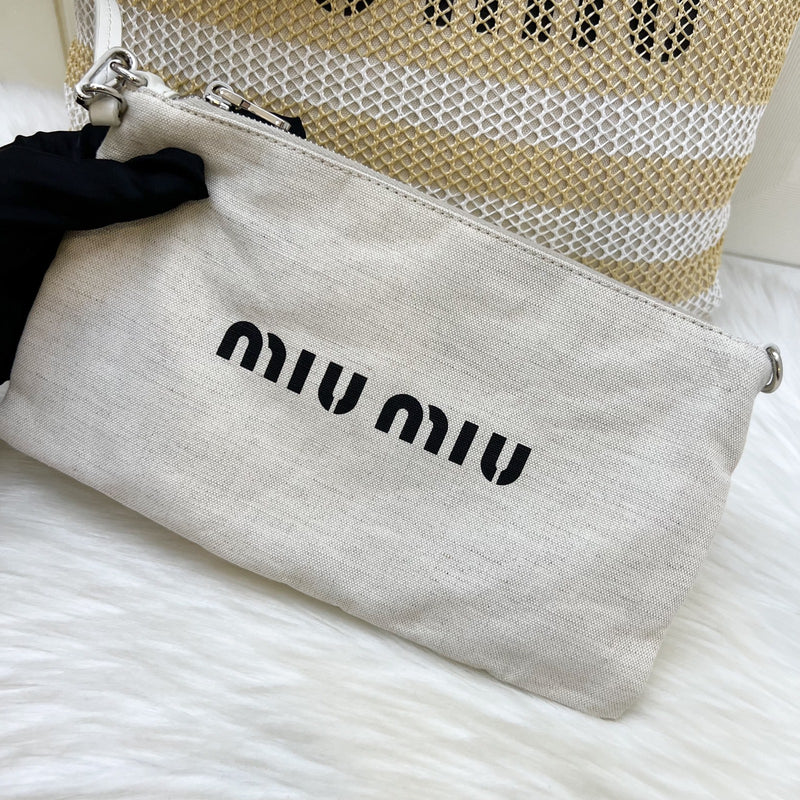 Miu Miu Ivy Tote Bag in Beige and White Woven Fabric Linen (Model: 5BG231)