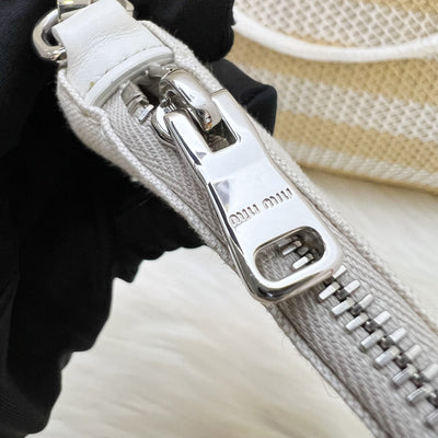 Miu Miu Ivy Tote Bag in Beige and White Woven Fabric Linen (Model: 5BG231)