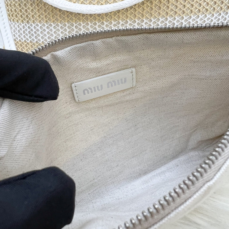 Miu Miu Ivy Tote Bag in Beige and White Woven Fabric Linen (Model: 5BG231)