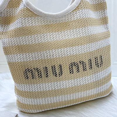 Miu Miu Ivy Tote Bag in Beige and White Woven Fabric Linen (Model: 5BG231)