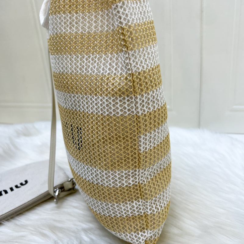 Miu Miu Ivy Tote Bag in Beige and White Woven Fabric Linen (Model: 5BG231)