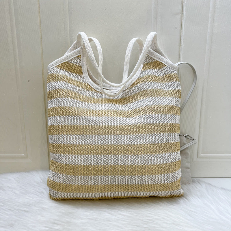 Miu Miu Ivy Tote Bag in Beige and White Woven Fabric Linen (Model: 5BG231)