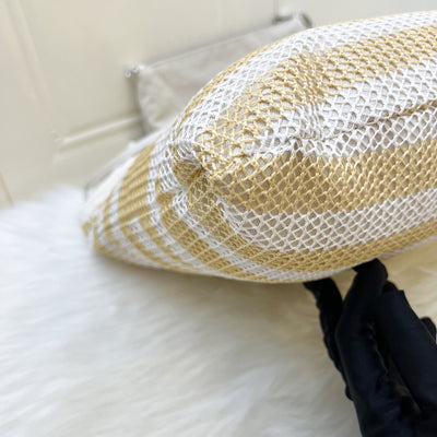 Miu Miu Ivy Tote Bag in Beige and White Woven Fabric Linen (Model: 5BG231)