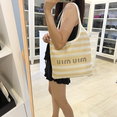 Miu Miu Ivy Tote Bag in Beige and White Woven Fabric Linen (Model: 5BG231)