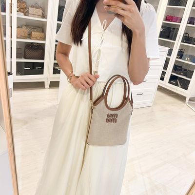 Miu Miu Mini Ivy Bag in Beige Canvas, Brandy Leather and GHW