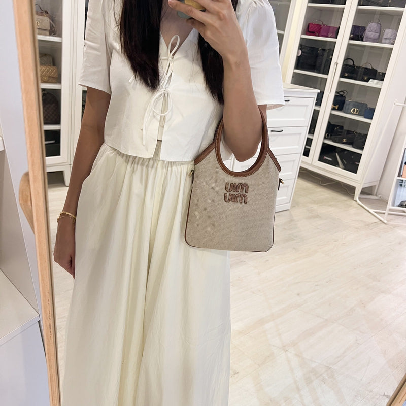 Miu Miu Mini Ivy Bag in Beige Canvas, Brandy Leather and GHW